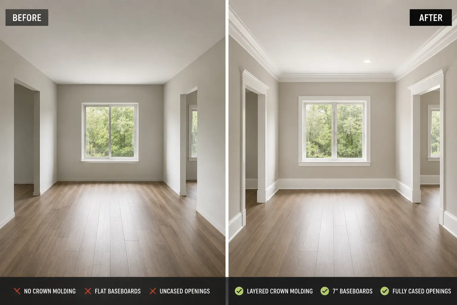  Before and after premium trim installation in a luxury home interior — Highline Building Supplies