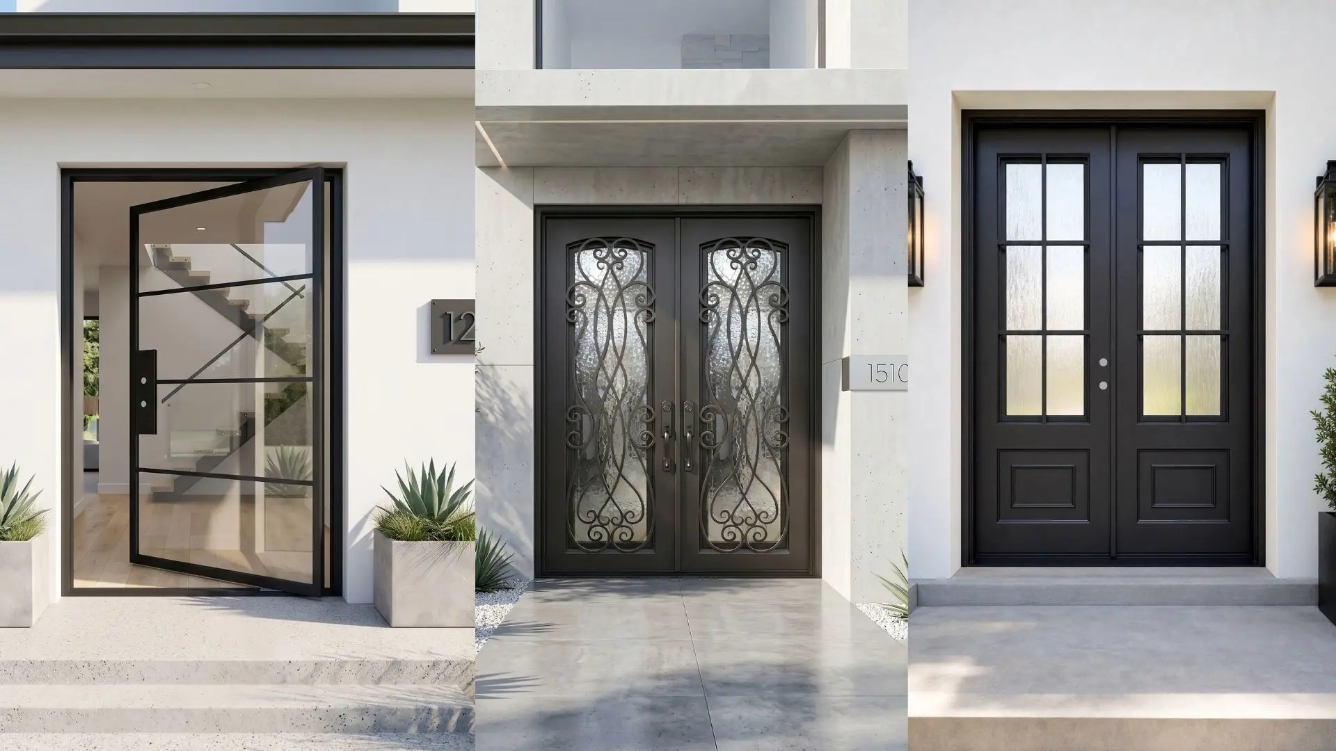 Wrought iron door styles — modern, Mediterranean, and modern cottage options at Highline Building Supplies