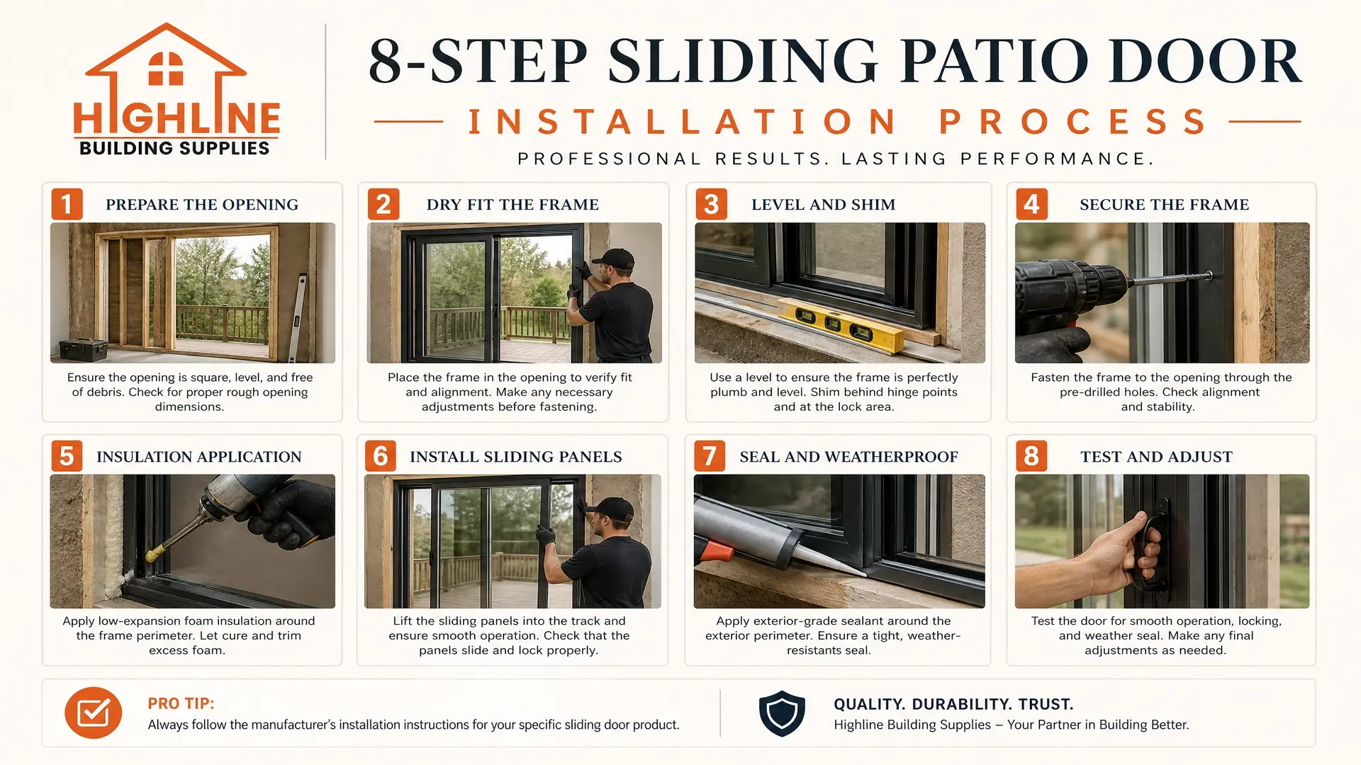Step-by-step sliding patio door installation process — guide from Highline Building Supplies
