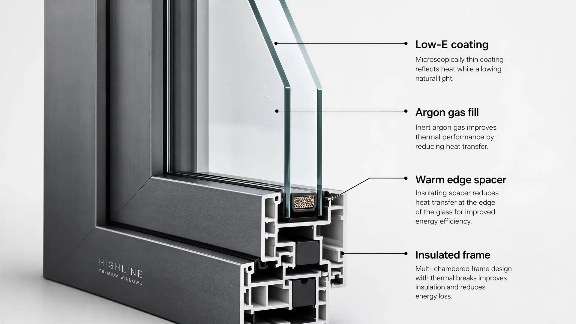How energy-efficient windows work — cross-section diagram from Highline Building Supplies How energy-efficient windows work — cross-section diagram from Highline Building Supplies