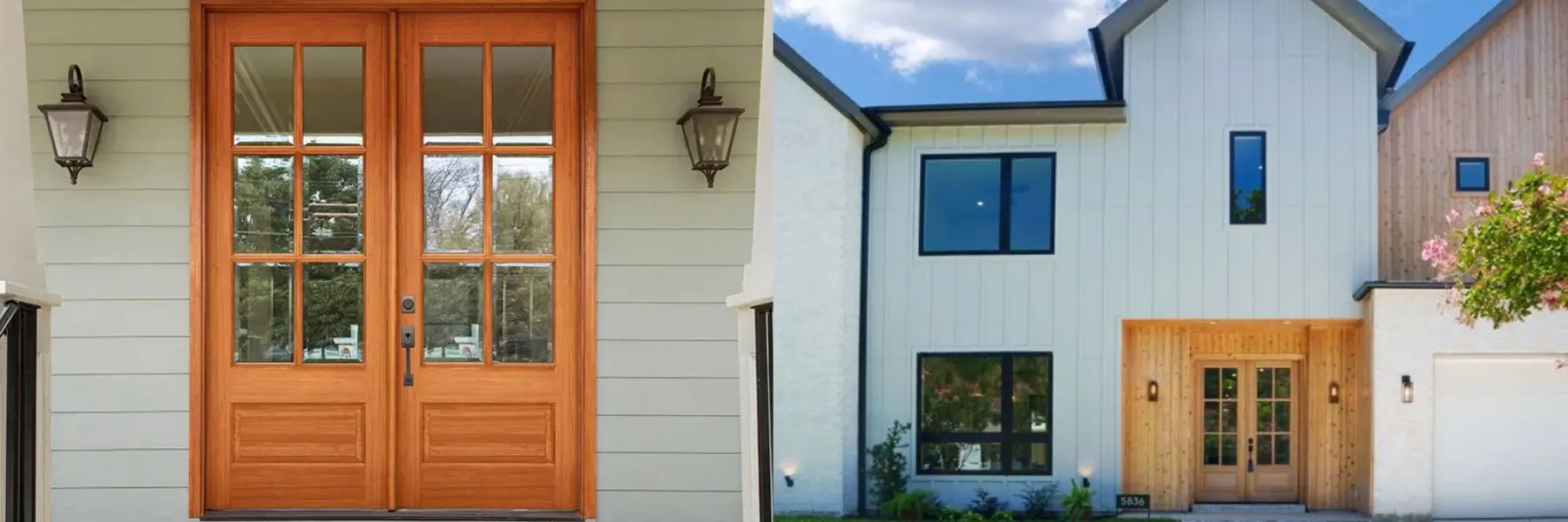modern mahognay 6 lite doors on a farm house Premium wood entry door — grain detail and craftsmanship from Highline Building Supplies