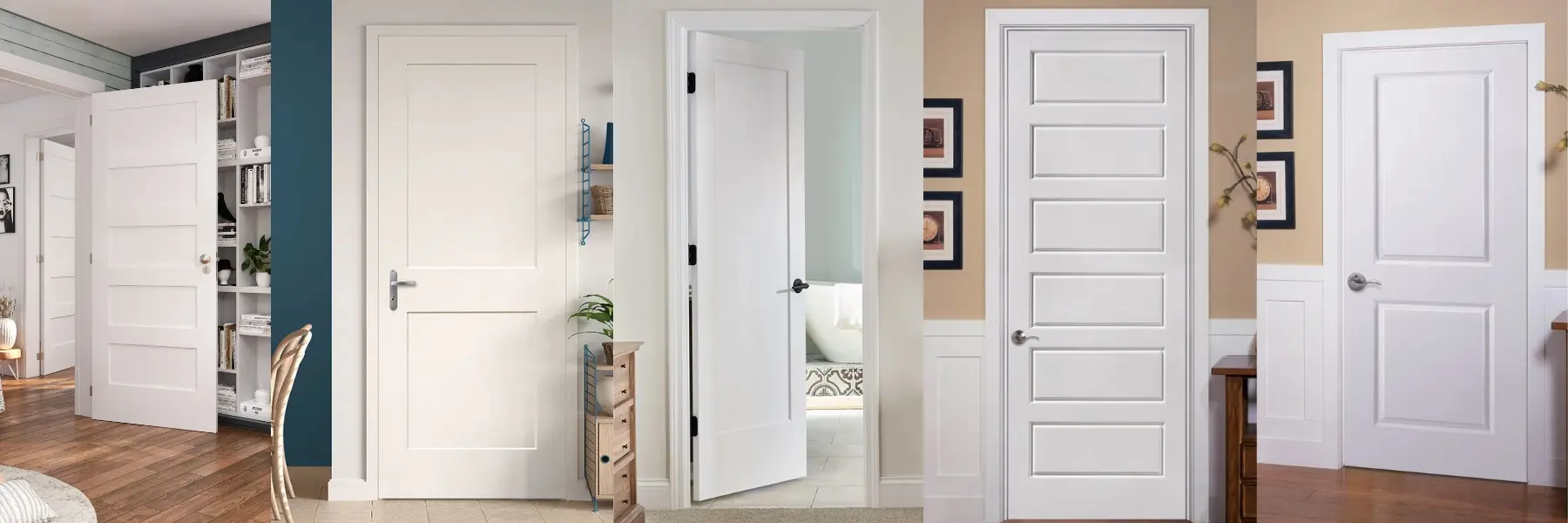Interior door style comparison showing 1-panel, 2-panel, 5-panel shaker, and molded 2-panel and 5-panel doors side by side