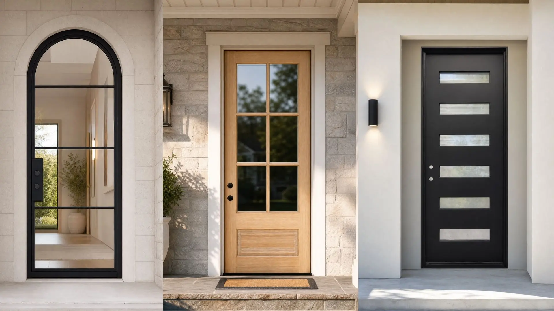 Iron, mahogany, and fiberglass exterior entry doors displayed side by side on a home