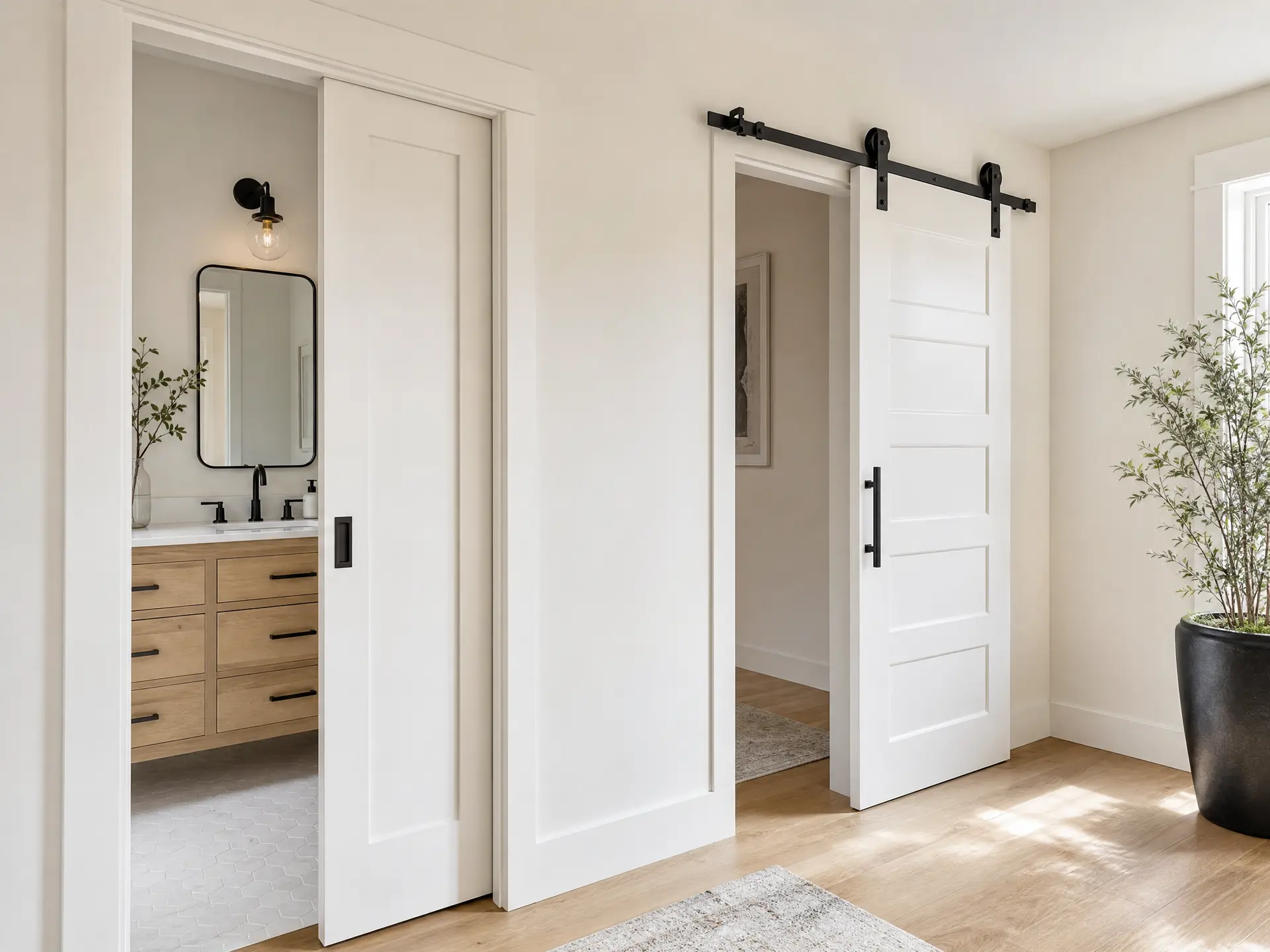 Pocket door & barn door hardware Pocket door and barn door hardware side by side with hinges and door straps