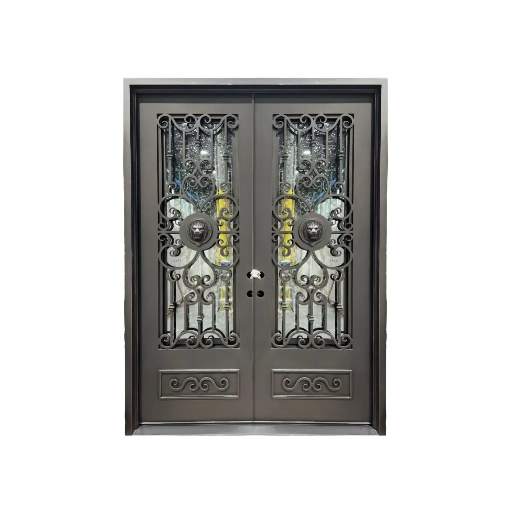 IRON DOOR - 6 ft. x 8 ft  in lion face Wrought Iron Pre hung  with low e glass - IRON6900RH