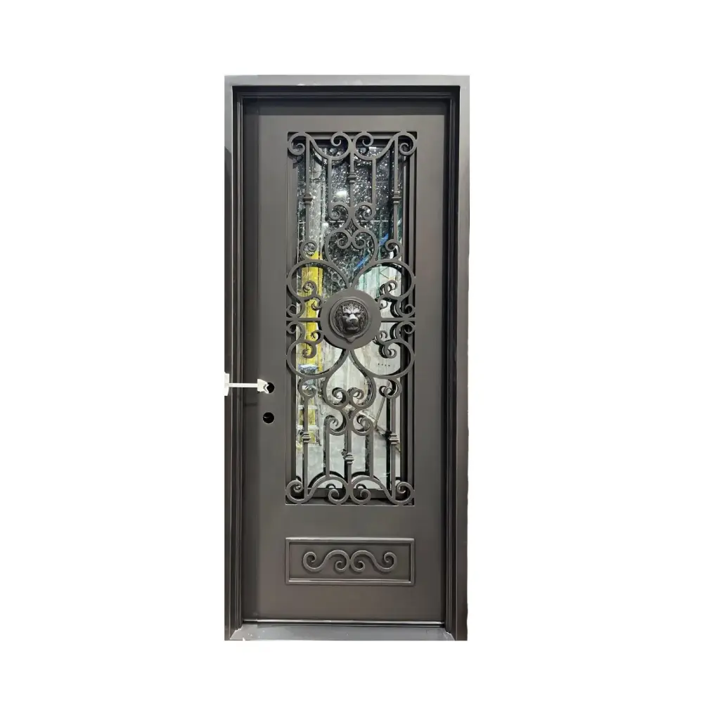 IRON DOOR - 3 ft. x 6 ft. 8 lion face Wrought Iron Pre hung  with low e glass - IRON6600RH