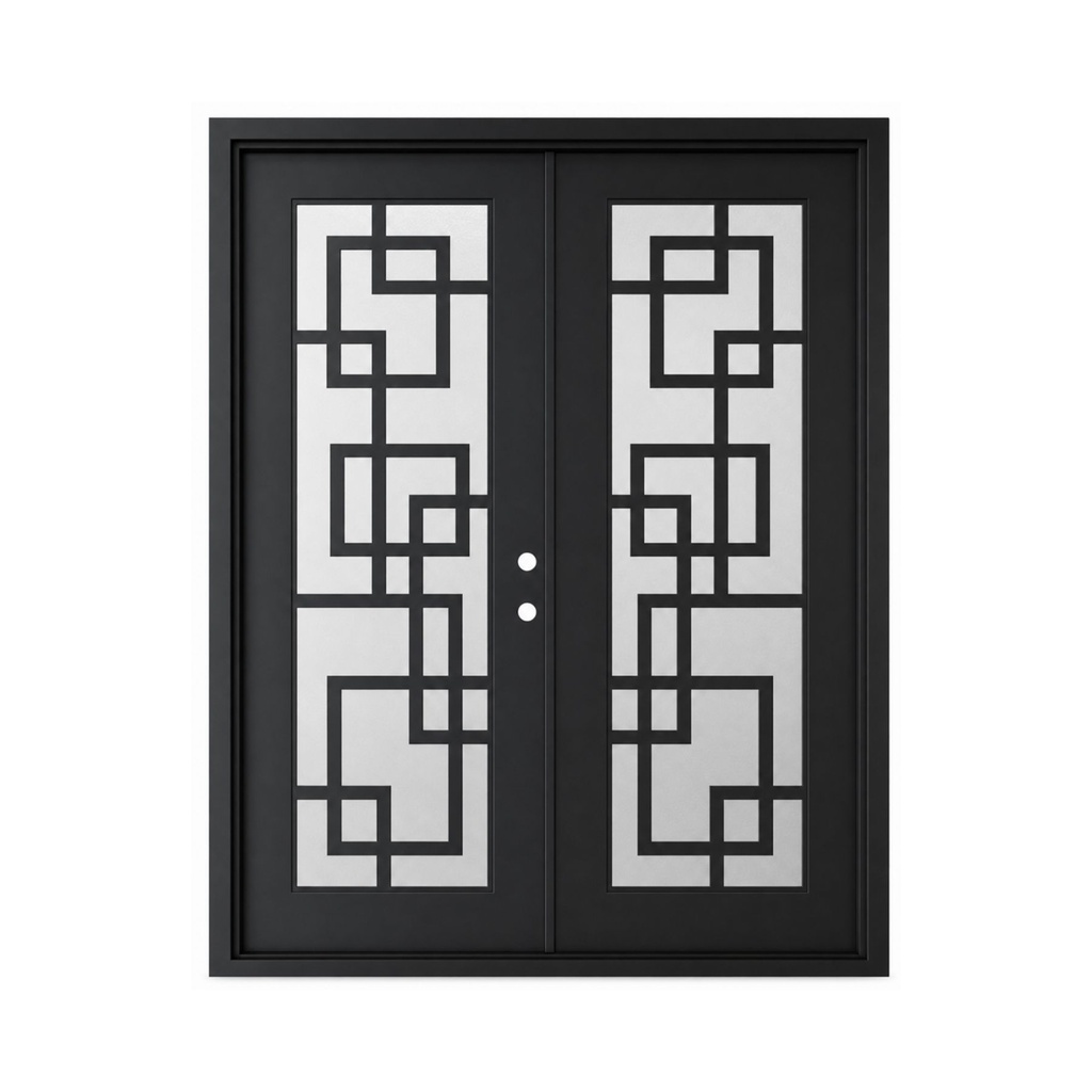 IRON DOOR - 6 ft x 8 ft Frisco Modern Square Grid Double Iron Door Left Hand