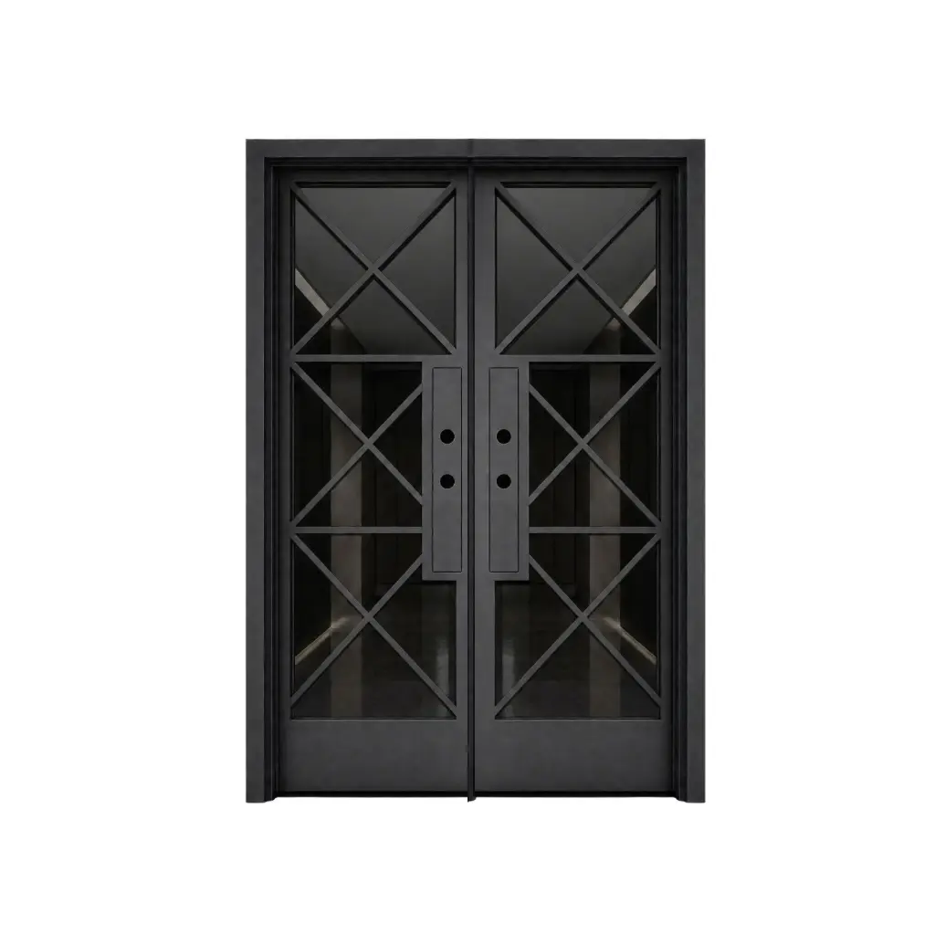 IRON DOOR - 6 ft x 6 ft 8 inch Fort Worth Modern Cross Grid Double Iron Door Left Hand