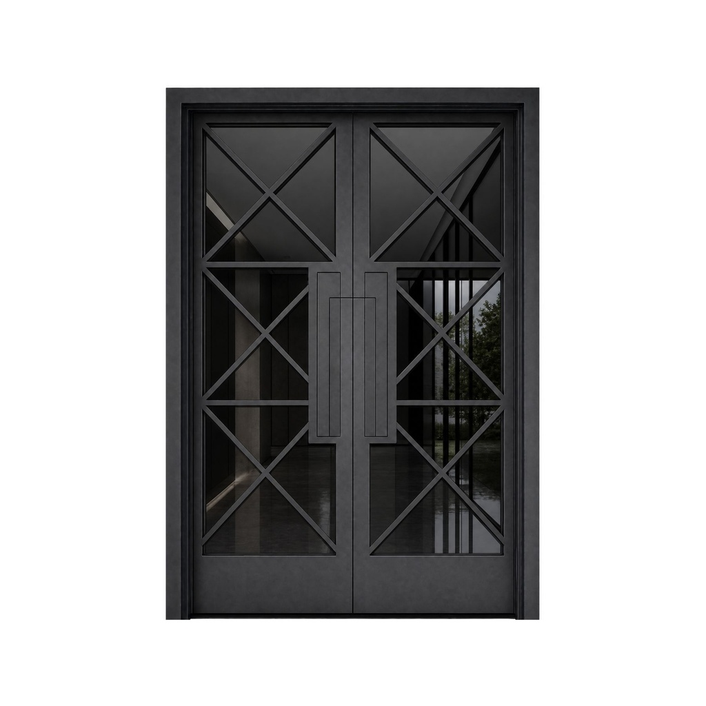 IRON DOOR - 6 ft x 6 ft 8 inch Fort Worth Modern Cross Grid Double Iron Door Right Hand