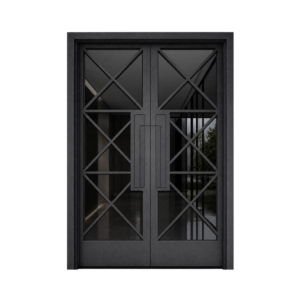IRON DOOR - 6 ft x 8 ft inch Fort Worth Modern Cross Grid Double Iron Door Right Hand