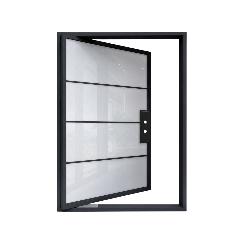 IRON DOOR - 6 ft x 8 ft 4 Lite French Pivot Iron Door with Smart Glass + Handle Left Hand