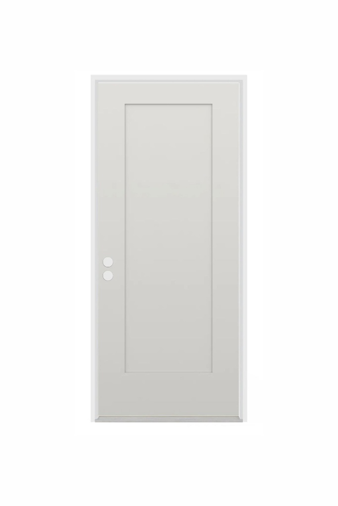 EXTERIOR DOOR:EXTERIOR FIBERGLASS 1PANEL SQUARE WHITE SHAKER DOOR RH 2'8" x 6'8" **1086R**
