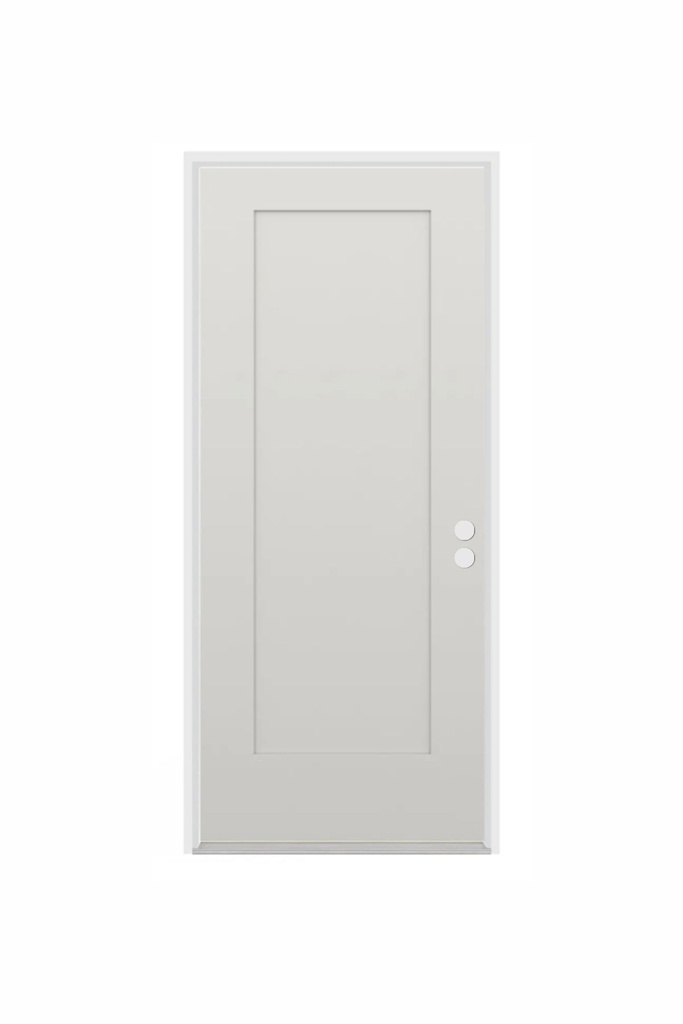 EXTERIOR DOOR:EXTERIOR FIBERGLASS 1PANEL SQUARE WHITE SHAKER DOOR LH 2'8" x 6'8" **1086L**