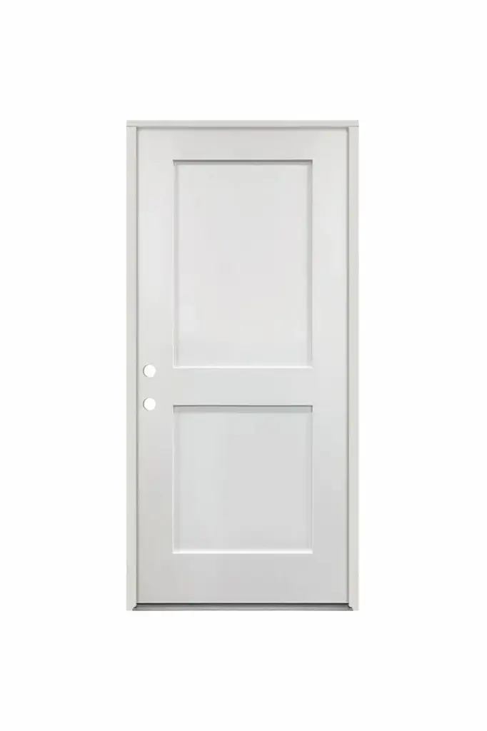 EXTERIOR DOOR:EXTERIOR FIBERGLASS LOGAN SHAKER 2 PAN WHITE PANELS DOOR RH 3'0" x 6'8" **1060R**
