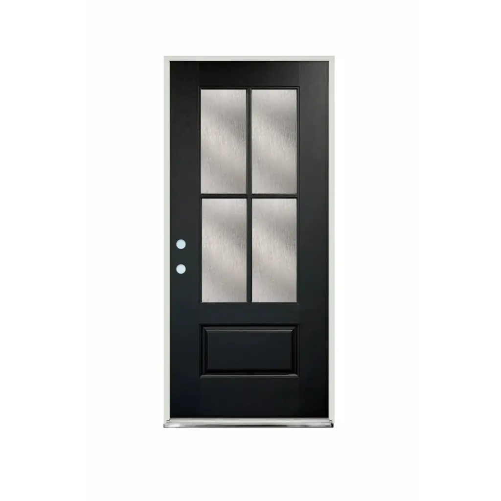 EXTERIOR DOOR:EXTERIOR FIBERGLASS WITH FLUSH GLAZE 4 CROSS BLACK PAINTED RH 3'0 x 6'8" **1070-RAIN-RH** 36x80