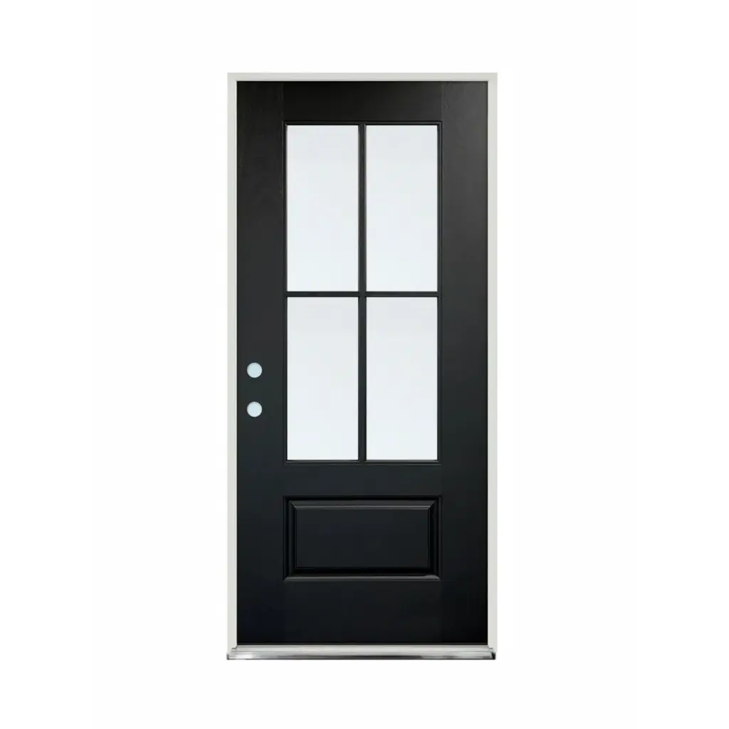 EXTERIOR DOOR:EXTERIOR FIBERGLASS WITH FLUSH GLAZE 4 CROSS BLACK PAINTED LH 3'0 x 6'8" **1092-CLEAR-RH** 36x80