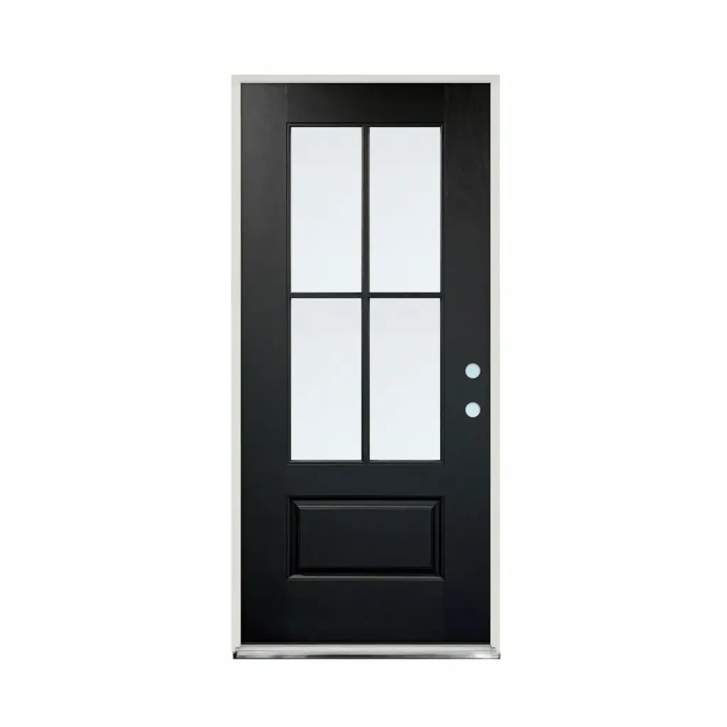 EXTERIOR DOOR:EXTERIOR FIBERGLASS WITH FLUSH GLAZE 4 CROSS BLACK PAINTED LH 2'8 x 6'8" **1093-CLEAR-LH** 32x80