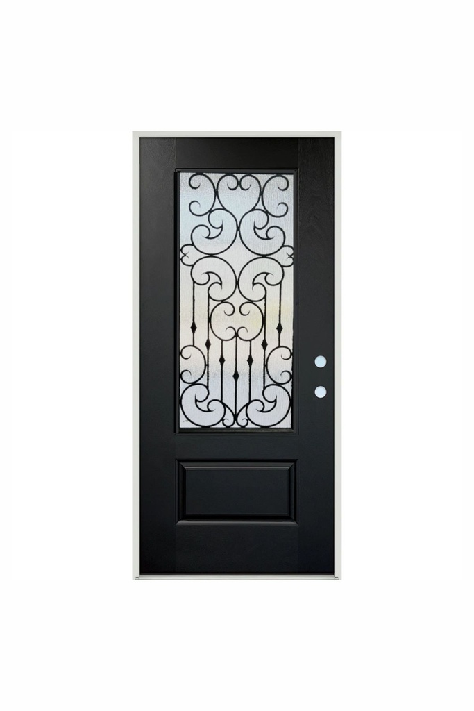 EXTERIOR DOOR:EXTERIOR FIBERGLASS FULL WROUGHT IRON HALF GLASS BLACK DOOR LH 3'0 x 6'8" **1051L**