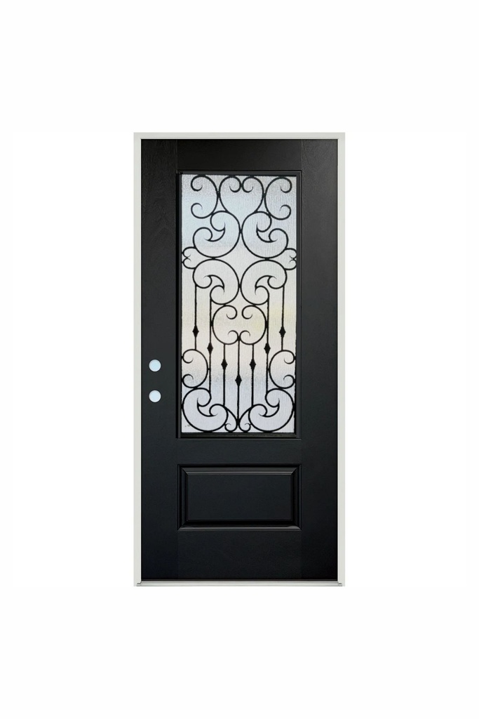 EXTERIOR DOOR:EXTERIOR FIBERGLASS FULL WROUGHT IRON HALF GLASS BLACK DOOR RH 3'0 x 6'8" **1051R**