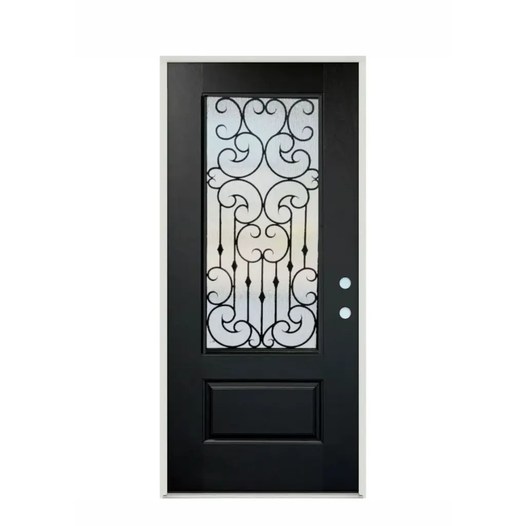 EXTERIOR DOOR:EXTERIOR FIBERGLASS FULL WROUGHT IRON HALF GLASS BLACK DOOR LH 3'0 x 8'0" **1090L**