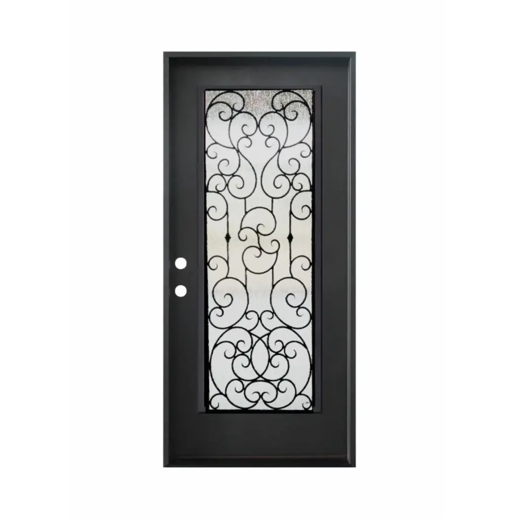 EXTERIOR DOOR:EXTERIOR FIBERGLASS FULL WROUGHT IRON HALF GLASS BLACK DOOR RH 3'0 x 8'0" **1091R**