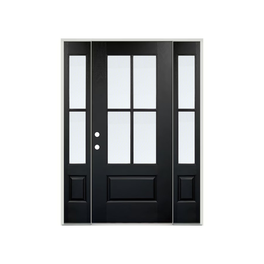EXTERIOR DOOR:EXTERIOR FIBEASS WITH FLUSH GLAZED BLACK PAINTED 4 CROSS RH 3'0 x 6'8" 2 SITE LITE **1078R**