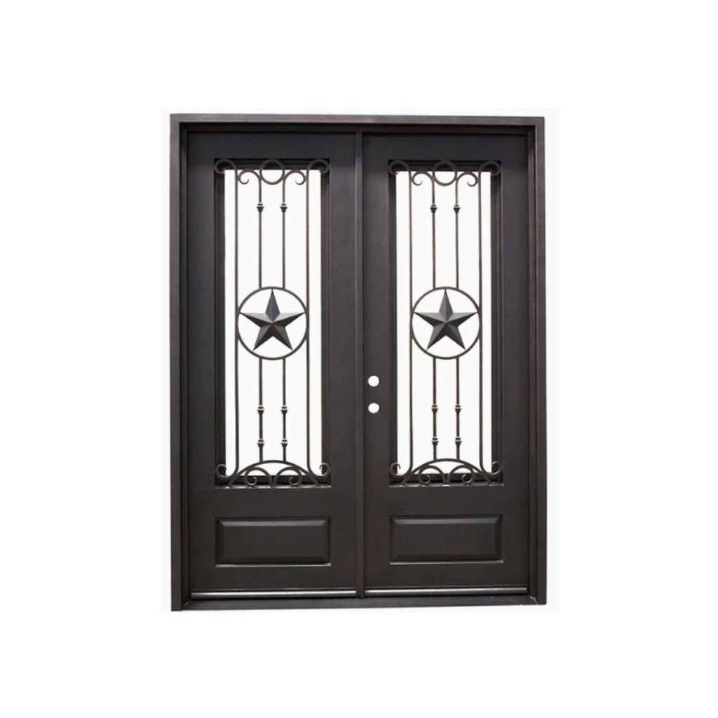 IRON DOOR - Texas star 6 ft. x 6 ft. 8 in. French Exterior Wrought Iron Prehung Door RH