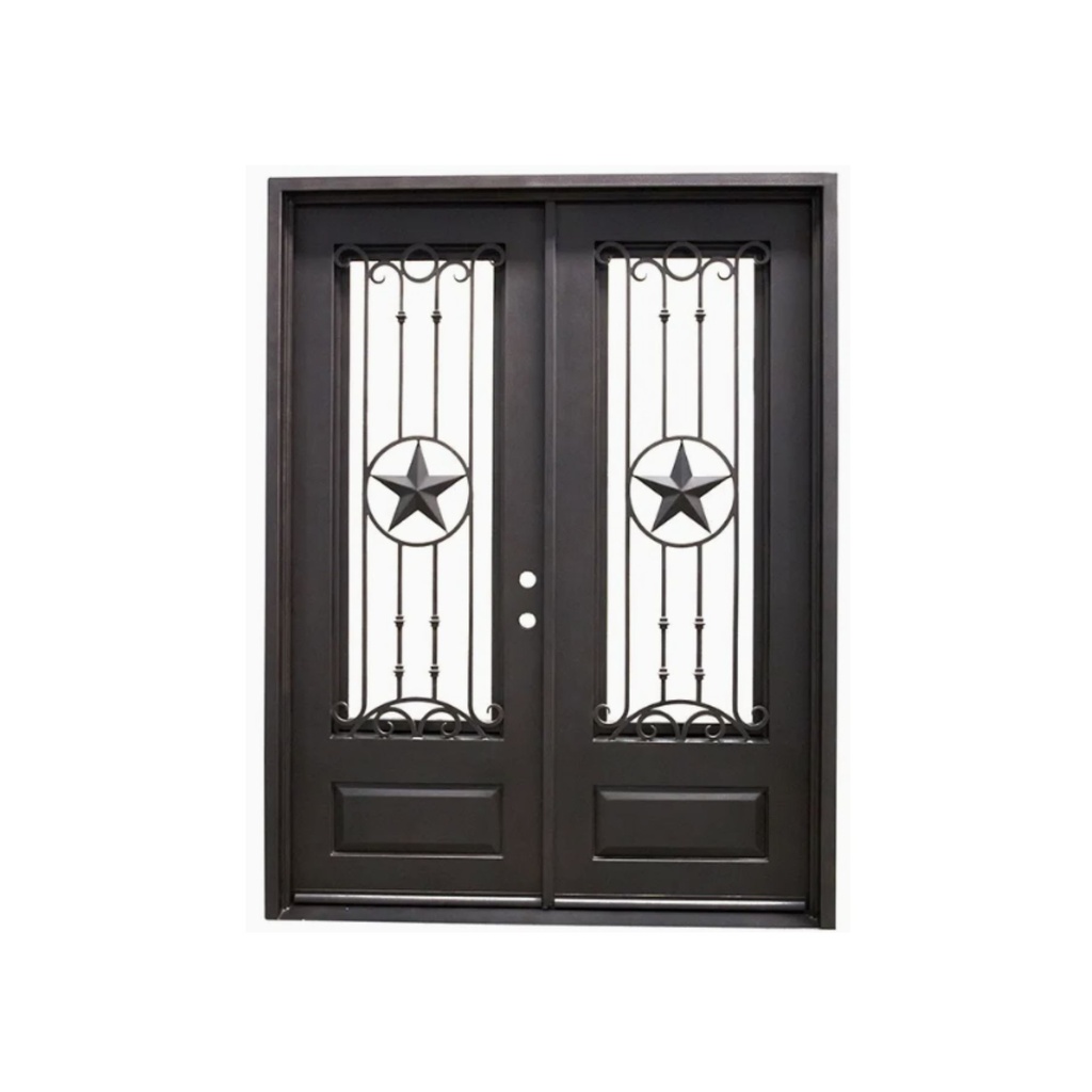 IRON DOOR - Texas star 6 ft. x 6 ft. 8 in. French Exterior Wrought Iron Prehung Door LH