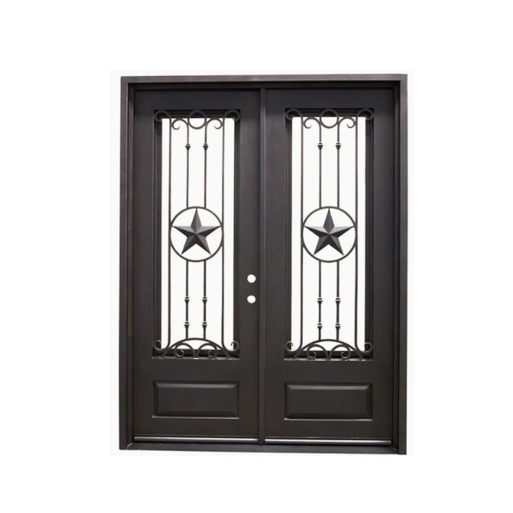 IRON DOOR - Texas star 6 ft. x 8 ft. French Exterior Wrought Iron Pre hung Door left hand