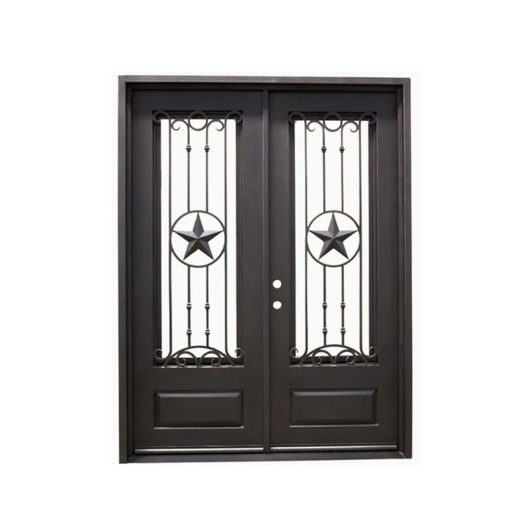 IRON DOOR - Texas star 6 ft. x 8 ft. French Exterior Wrought Iron Prehung Door RH