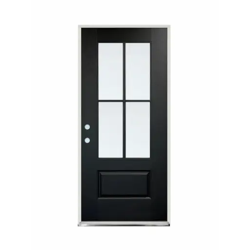 [1093R-EXFD] EXTERIOR DOOR:EXTERIOR FIBERGLASS WITH FLUSH GLAZE 4 CROSS BLACK PAINTED RH 2'8 x 6'8" **1093-CLEAR-RH** 32x80