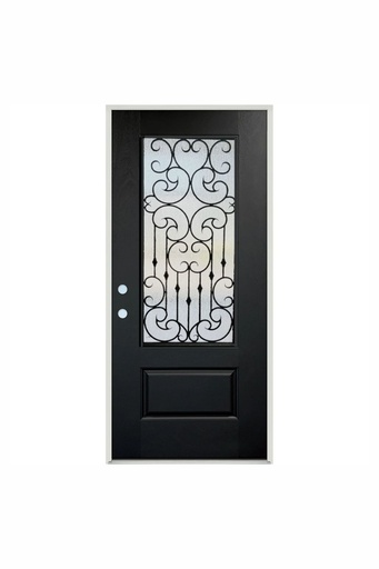 [1051R-EXFD] EXTERIOR DOOR:EXTERIOR FIBERGLASS FULL WROUGHT IRON HALF GLASS BLACK DOOR RH 3'0 x 6'8" **1051R**