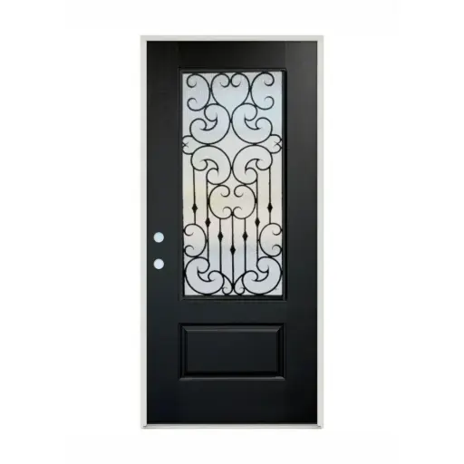[1090R-EXFD] EXTERIOR DOOR:EXTERIOR FIBERGLASS FULL WROUGHT IRON HALF GLASS BLACK DOOR RH 3'0 x 8'0" **1090R**