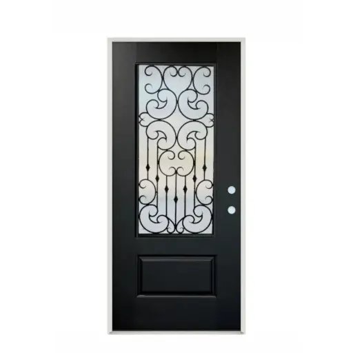 [1090L-EXFD] EXTERIOR DOOR:EXTERIOR FIBERGLASS FULL WROUGHT IRON HALF GLASS BLACK DOOR LH 3'0 x 8'0" **1090L**