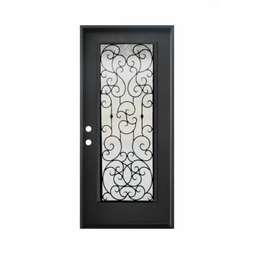 [1091R-EXFD] EXTERIOR DOOR:EXTERIOR FIBERGLASS FULL WROUGHT IRON HALF GLASS BLACK DOOR RH 3'0 x 8'0" **1091R**