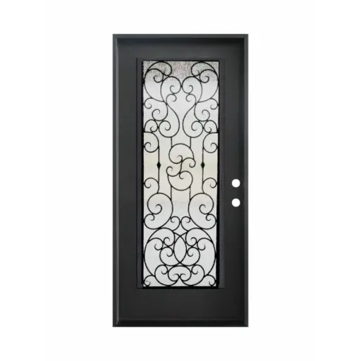 [1091L-EXFD] EXTERIOR DOOR:EXTERIOR FIBERGLASS FULL WROUGHT IRON HALF GLASS BLACK DOOR LH 3'0 x 8'0" **1091L**