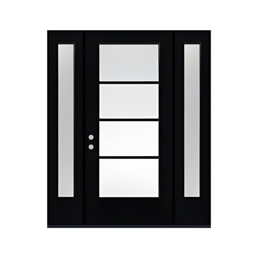 [1033R-EXFD] EXTERIOR DOOR: Modern 4-Lite Frosted Glass Prehung Black Exterior Door with 2 Sidelites RH 3'0 x 8'0" **1033R** (64"x96")