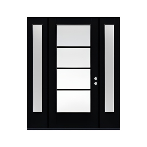 [1033L-EXFD] EXTERIOR DOOR: Modern 4-Lite Frosted Glass Prehung Black Exterior Door with 2 Sidelites LH 3'0 x 8'0" **1033L** (64"x96")