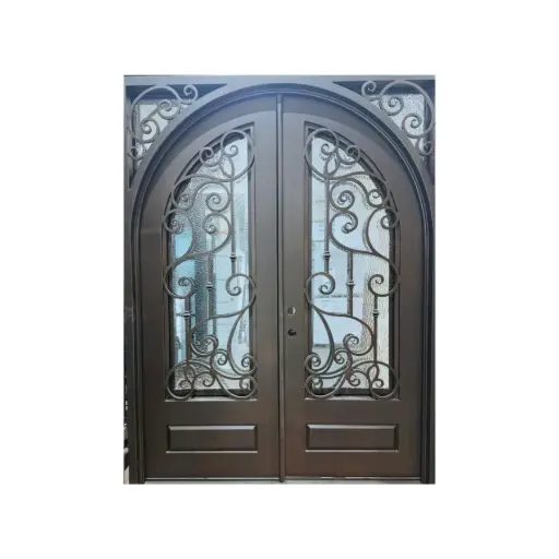 [IRON7300RH] IRON DOOR - 6 ft. x 8 ft .Conroe Arc Exterior Wrought Iron Pre hung silver glass - IRON7300RH