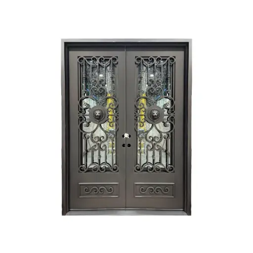 [IRON6900RH] IRON DOOR - 6 ft. x 8 ft  in lion face Wrought Iron Pre hung  with low e glass - IRON6900RH
