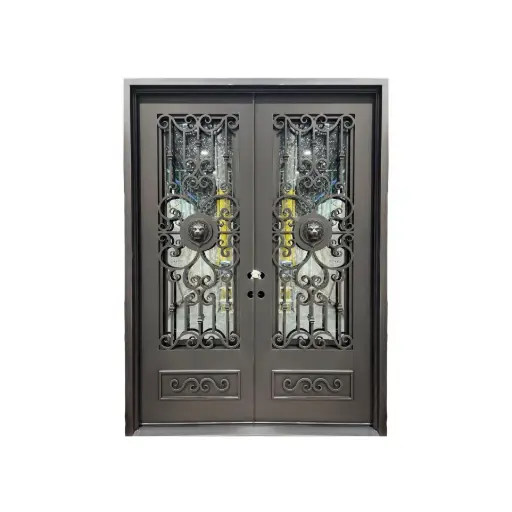 [IRON6900LH] IRON DOOR - 6 ft. x 8 ft  in lion face Wrought Iron Pre hung  with low e glass - IRON6900LH