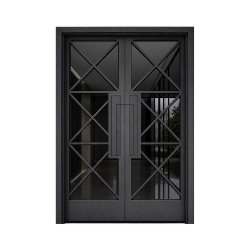 [IRON9011LH] IRON DOOR - 6 ft x 8 ft inch Fort Worth Modern Cross Grid Double Iron Door Left Hand
